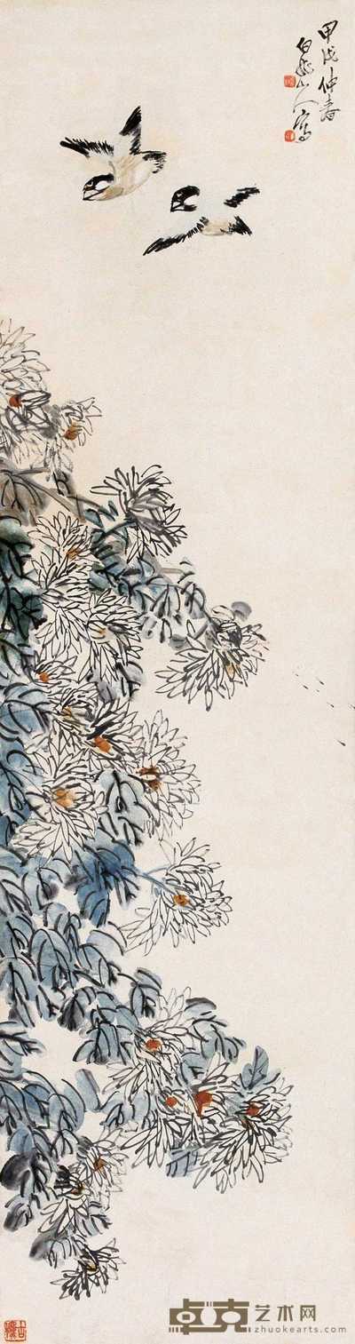 王震 1934年作 双禽鸣秋 立轴 136.5×65cm
